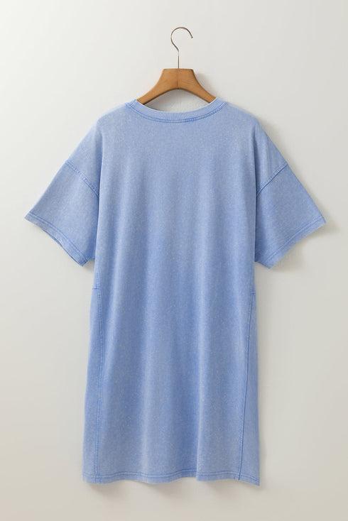 Mineral Wash Floral Applique Raw Edge Short Sleeve T Shirt Dress With Pockets